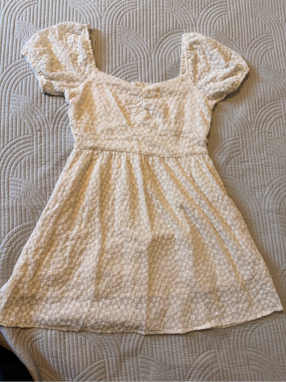 White Textured Puff Sleeve Mini Dress